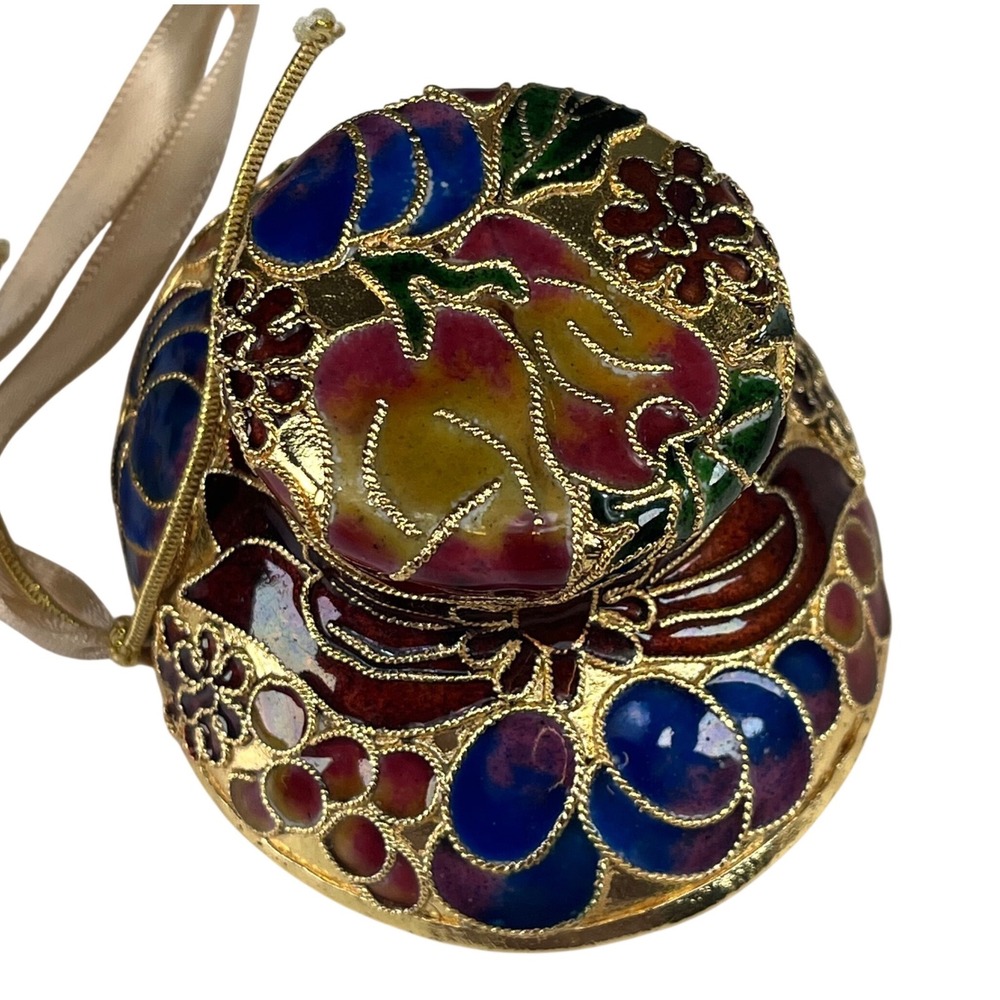 Cloisonne Vintage Enamel Sun Hat Ornament Floral Fruit Gold Tone Decorative